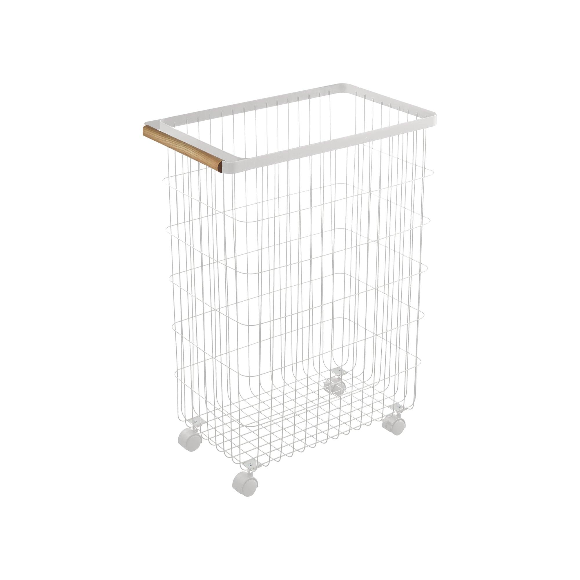 Angle. Yamazaki Home - Rolling Wire Basket (24" H)  - Steel + Wood - White.