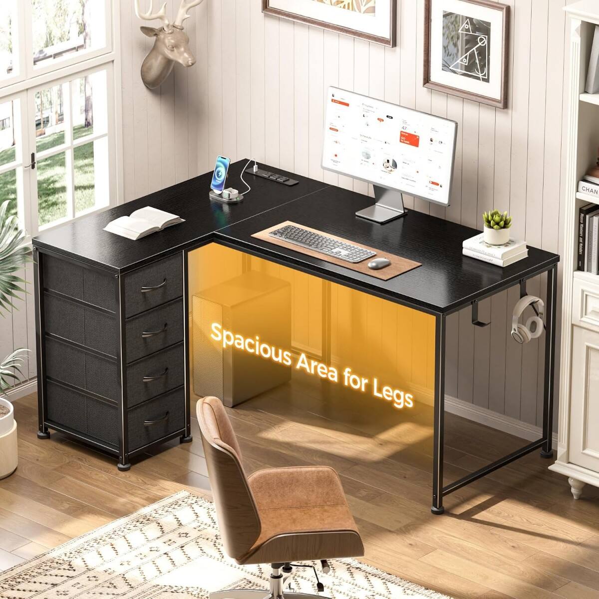 Furnulem L Shaped Computer Desk with Power Outlet and 4 Fabric Drawers ...
