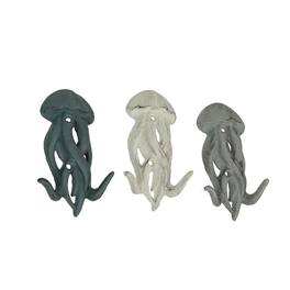 Zeckos - Set of 3 Cast Iron Jellyfish Wall Hooks 5 Inches High - Blue , Gray, White - Multicolored