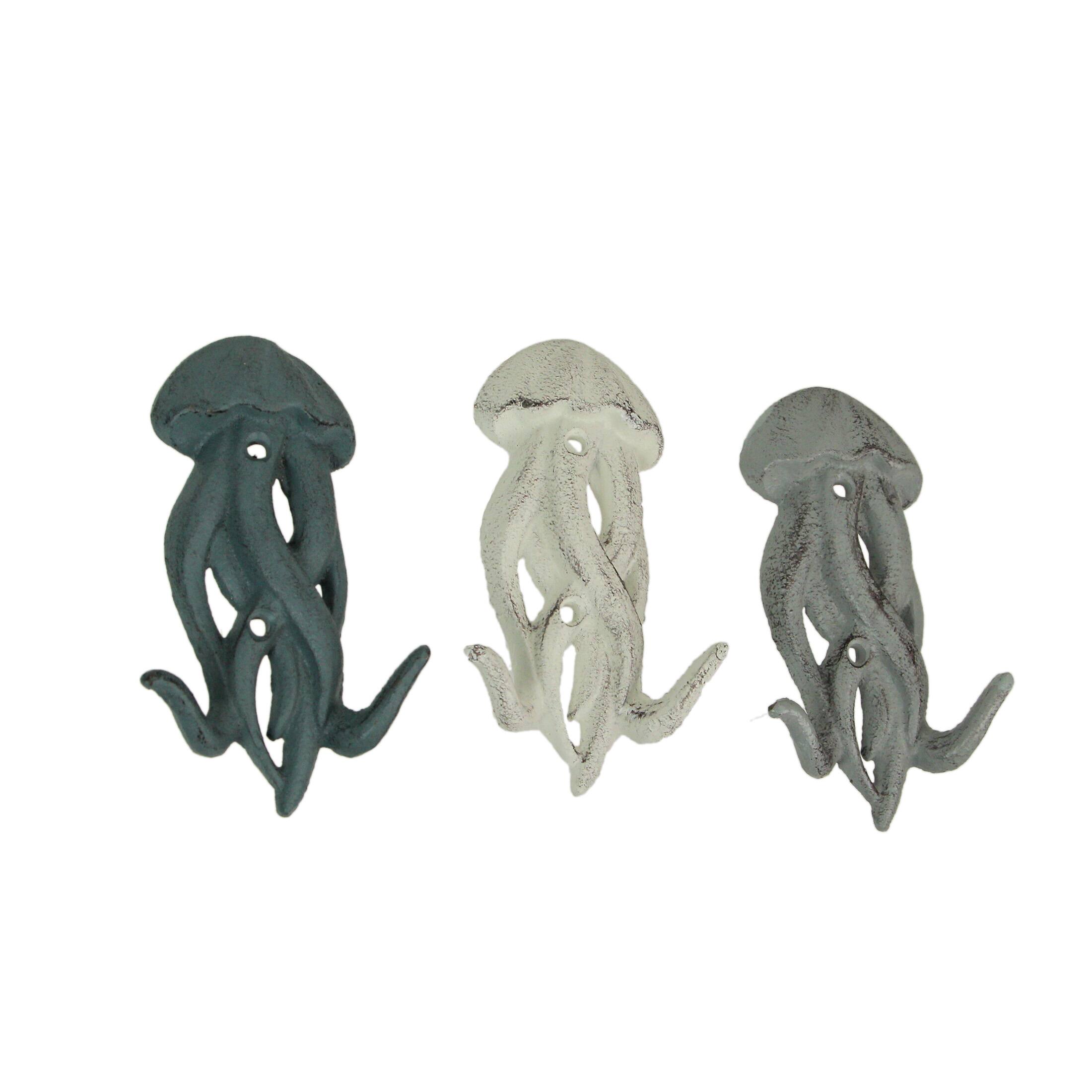 Front. Zeckos - Set of 3 Cast Iron Jellyfish Wall Hooks 5 Inches High - Blue , Gray, White - Multicolored.