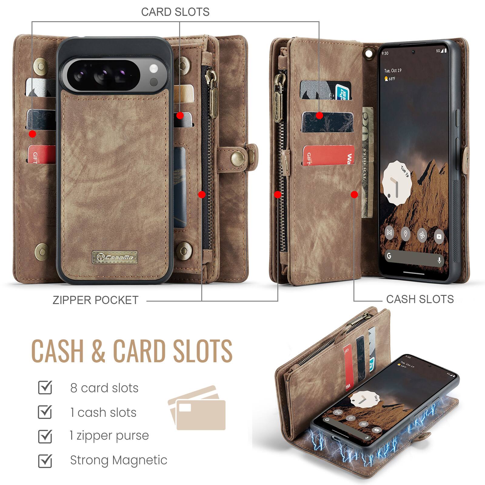 CARD SLOTS: 30  
1 fus Oe 9 un  
GIFT GIFT Wa  
A  
Copaila G  

ZIPPER POCKET CASH & CARD SLOTS  
8 card slots  
1 cash slots  
1 zipper purse  
Strong Magnetic