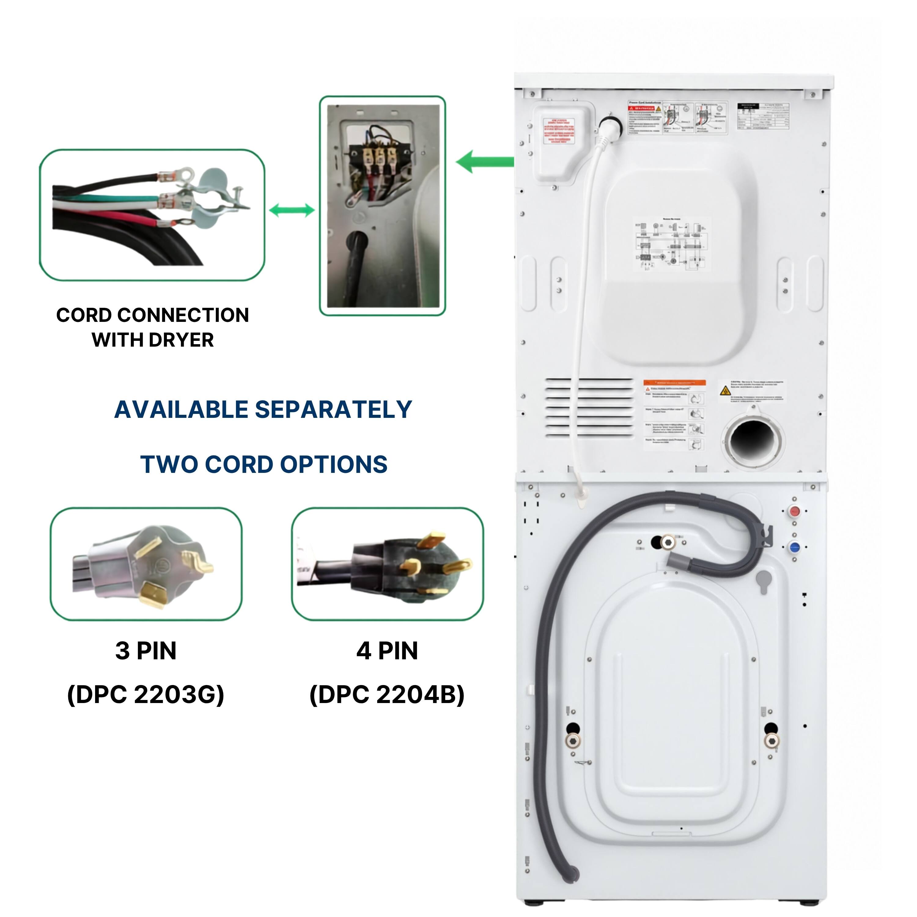 - CORD CONNECTION WITH DRYER
- AVAILABLE SEPARATELY
- TWO CORD OPTIONS
  - 3 PIN (DPC 2203G)
  - 4 PIN (DPC 2204B)