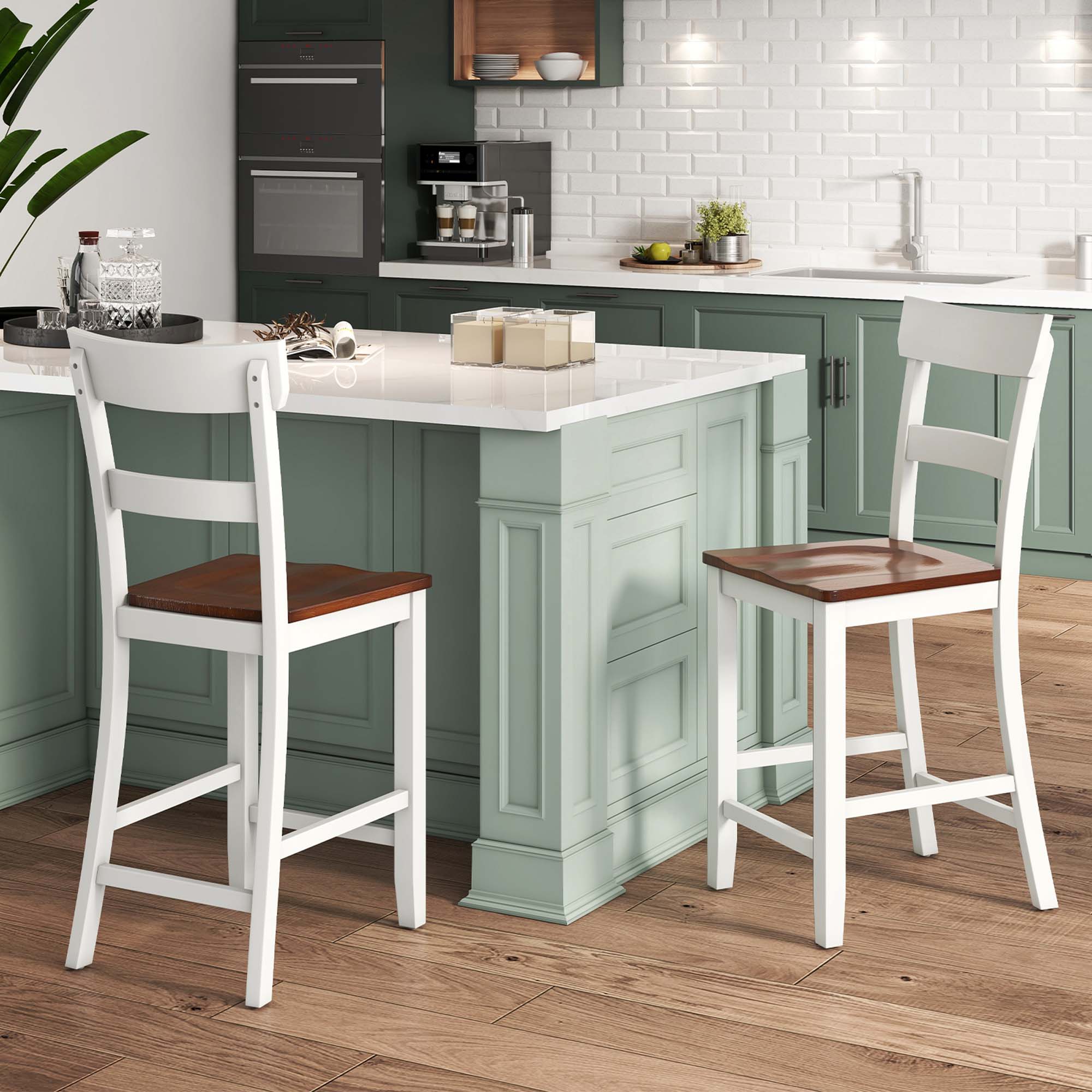 Alt View 1. Costway - Wooden Bar Stool Set of 4 Bar Chairs with LVL Rubber Wood Frame, Backrest, Footrest - White.