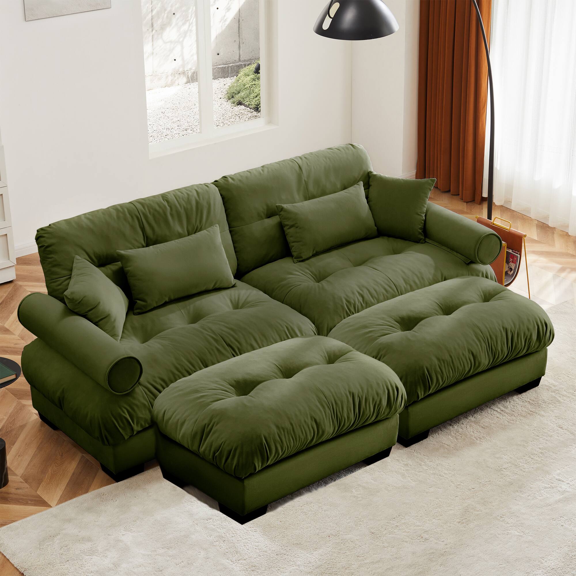 Angle. Trinkets Crazed - Loveseat Modular Sectional Sofa Cloud Couch, 93.7" Oversized U-Shaped Couch with 2 Ottomans, Modern Deep Seat Couches - Green.
