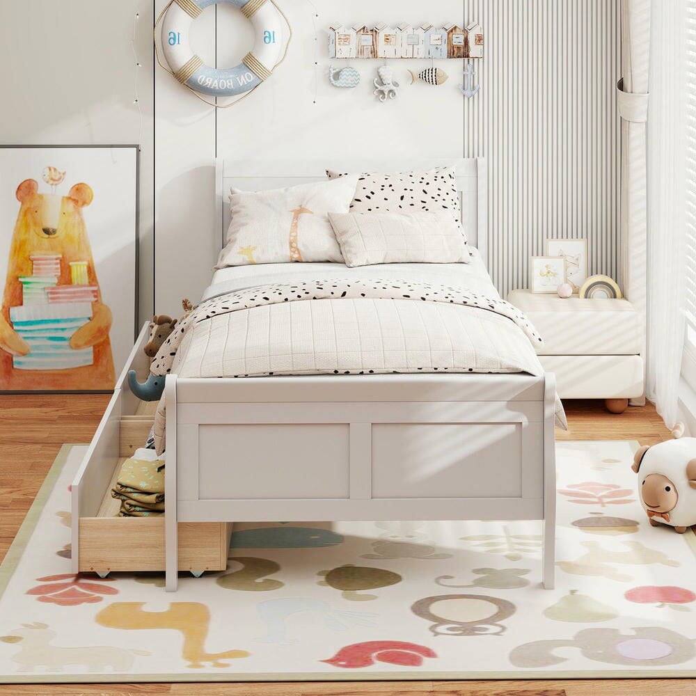 Left. Kadyn - Twin Size Sleigh Bed Frame with Two Built-In Storage Drawers, Classic Curved Design with Practical Wood Platform Support - White.