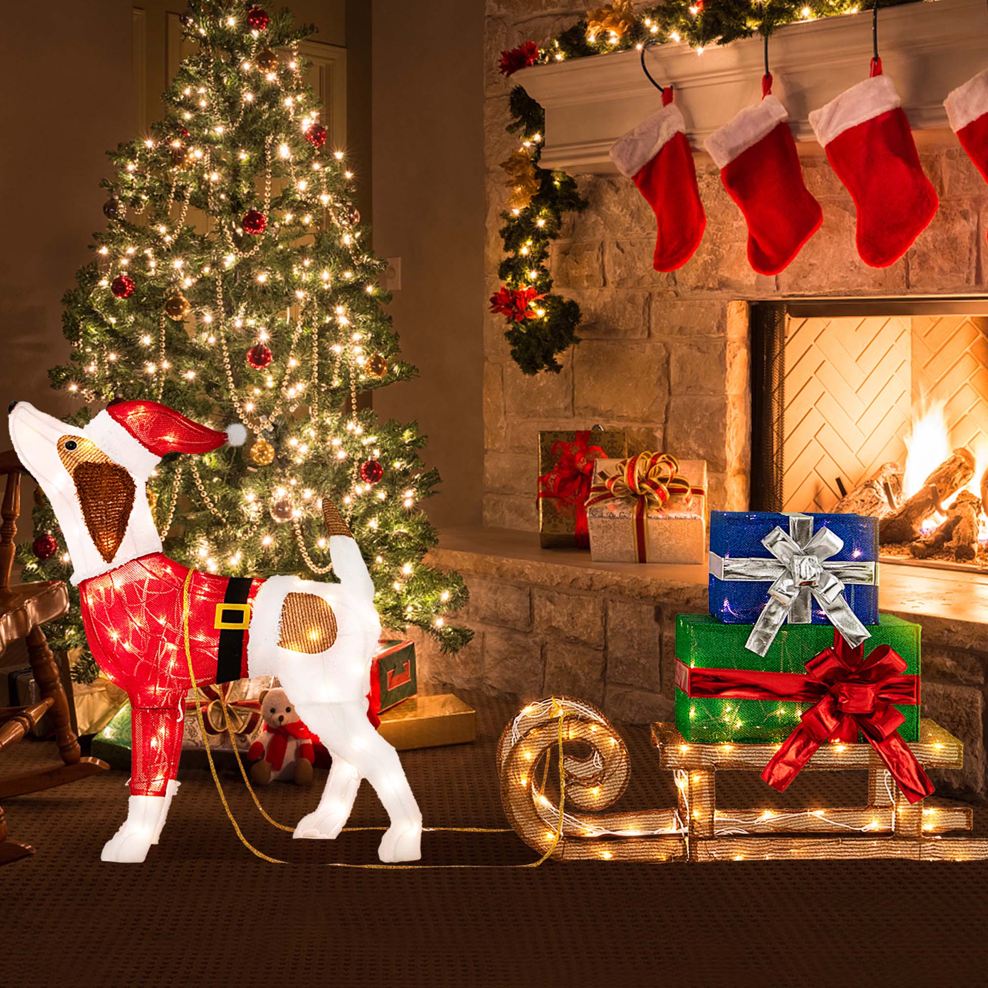 Alt View 13. Costway - Pre-Lit Christmas Dog Sleigh & Gift Boxes Combo Christmas Decoration with 170 Lights - Multicolor.