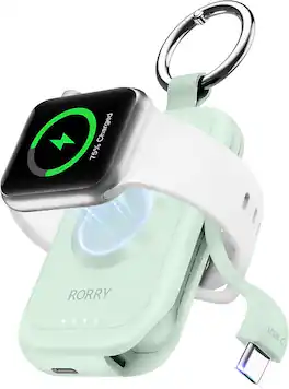 RORRY - CharmGo 2500mAh Portable Apple Watch Charger with Built-in USB-C Cable, Fast Charging Keychain Power Bank - Green