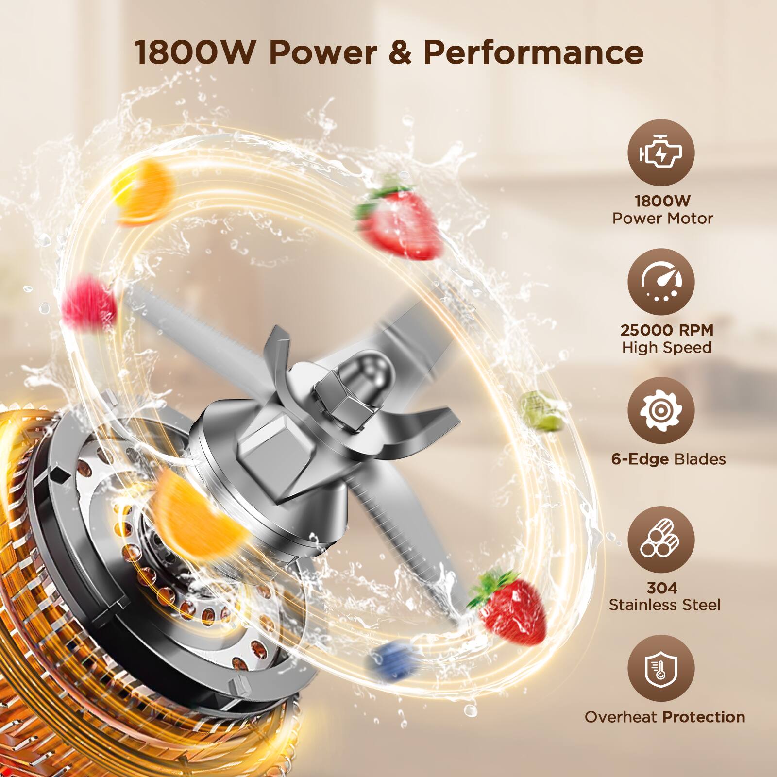1800W Power & Performance

- 1800W Power Motor
- 25000 RPM High Speed
- 6-Edge Blades
- 304 Stainless Steel
- Overheat Protection
