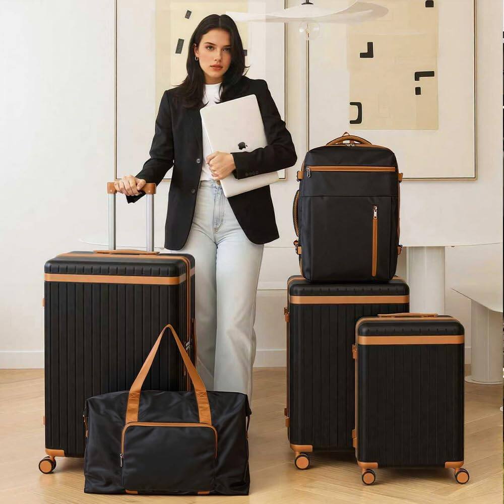 Angle. Quick Deer - 5-Piece Spinner Luggage Set with TSA Lock, 180° Travel Backpack and 60L Foldable Duffel Bag for Travel - Black & Brown.