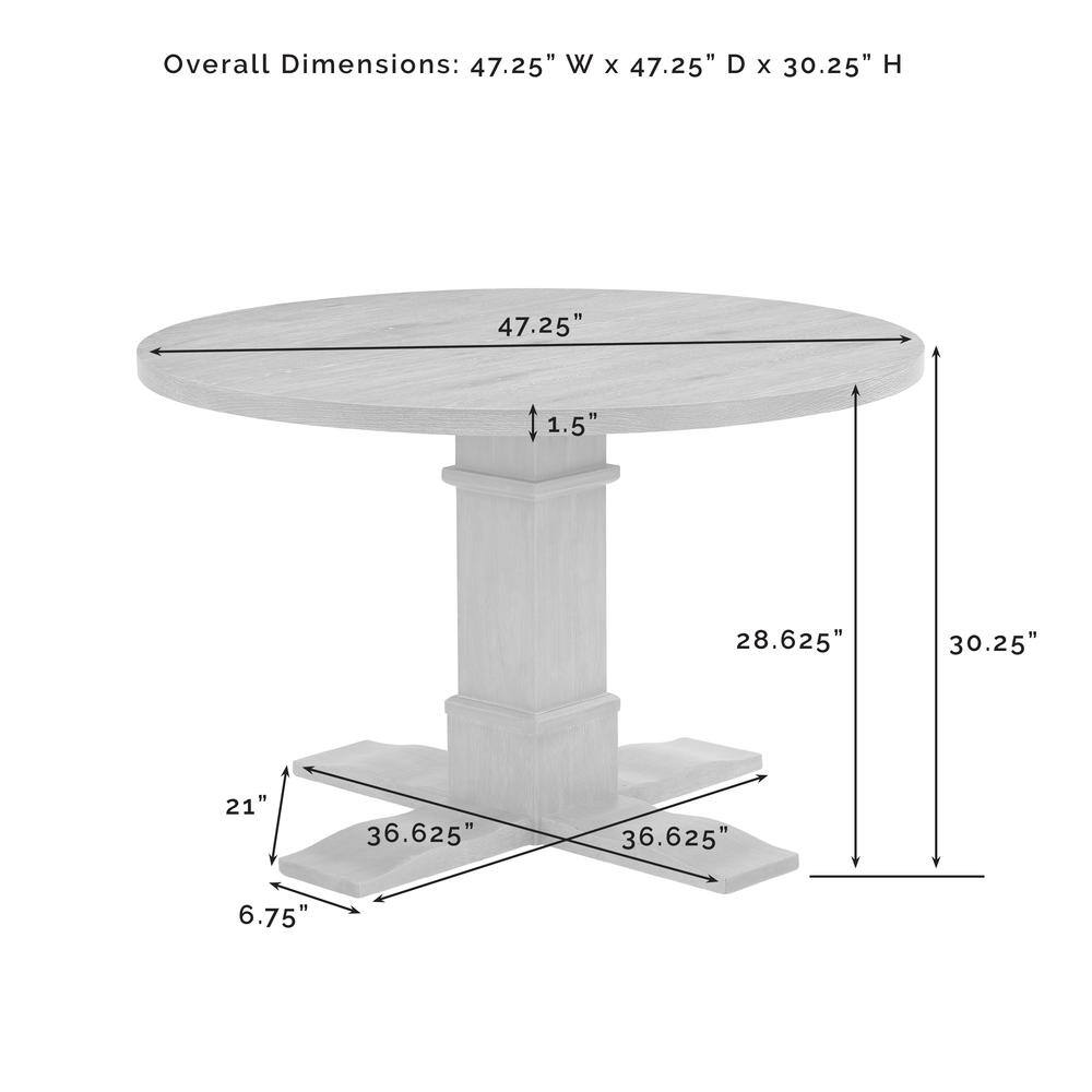 Overall Dimensions: 47.25" W x 47.25" D x 30.25" H

- Tabletop: 47.25" W x 1.5" H
- Height from tabletop to floor: 30.25"
- Height from base to floor: 28.625"
- Base width: 36.625" W x 21" D
- Base height: 6.75"