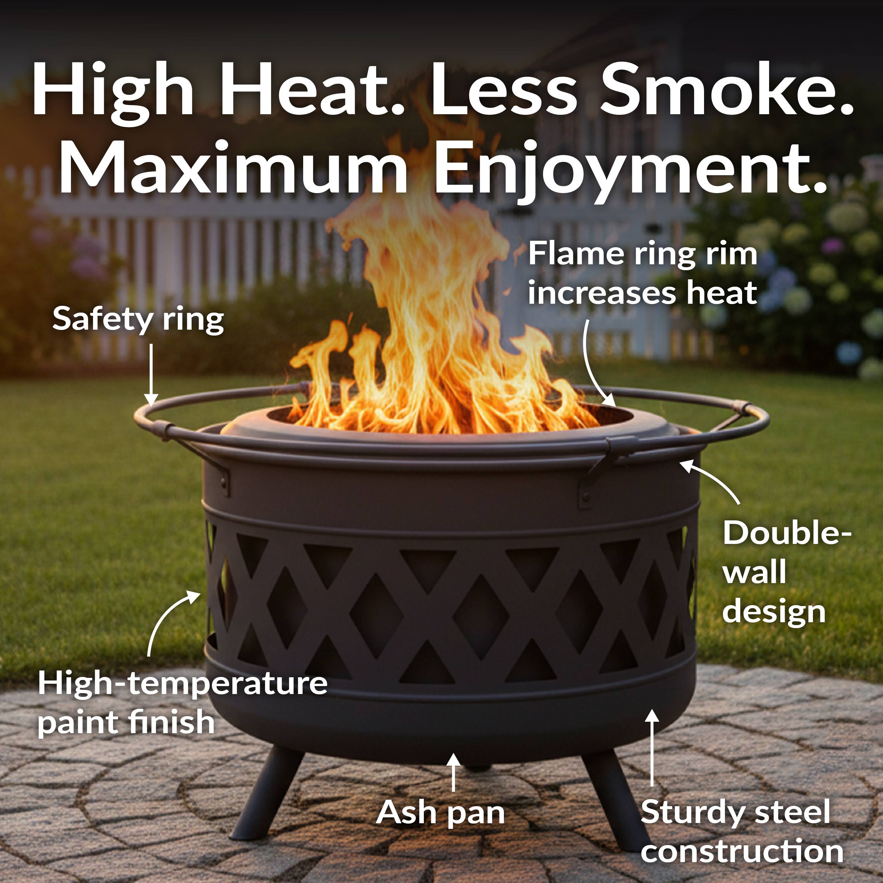 High Heat. Less Smoke. Maximum Enjoyment.

- Flame ring rim increases heat
- Safety ring
- Double-wall design
- High-temperature paint finish
- Ash pan
- Sturdy steel construction
