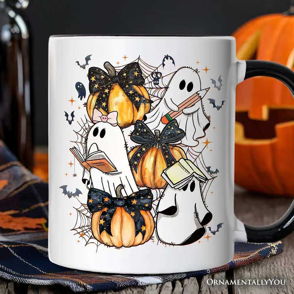 Back. OrnamentallyYou - Cute Ghost Teacher Halloween Mug, Retro Boo Spooky School Gift - White.