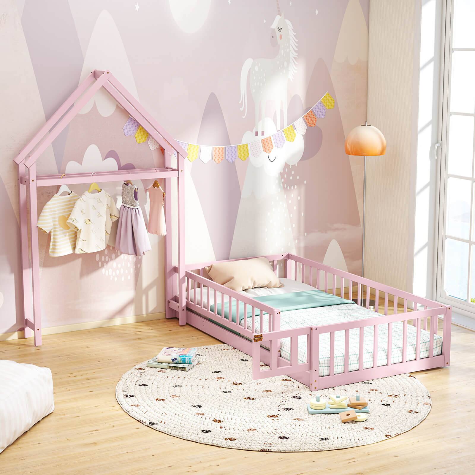 Alt View 5. Costway - Costway Twin Size House Floor Bed with House-shaped Headboard Clothes Hanger without Slats Pink - Pink.
