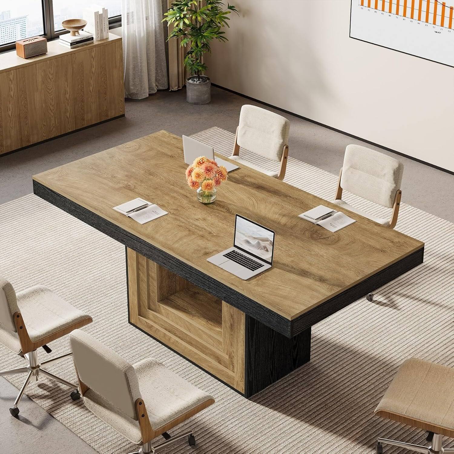 Back. Tribesigns - Modern Conference Table with Engineered Wood Construction and Rectangular Top for Home Office and Study - Brown.