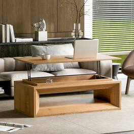 Loheer - Lift-Top Coffee Table 43.3 Inch, Solid Wood Veneer, Hidden Storage, Adjustable Height, Finish - Natural Wood