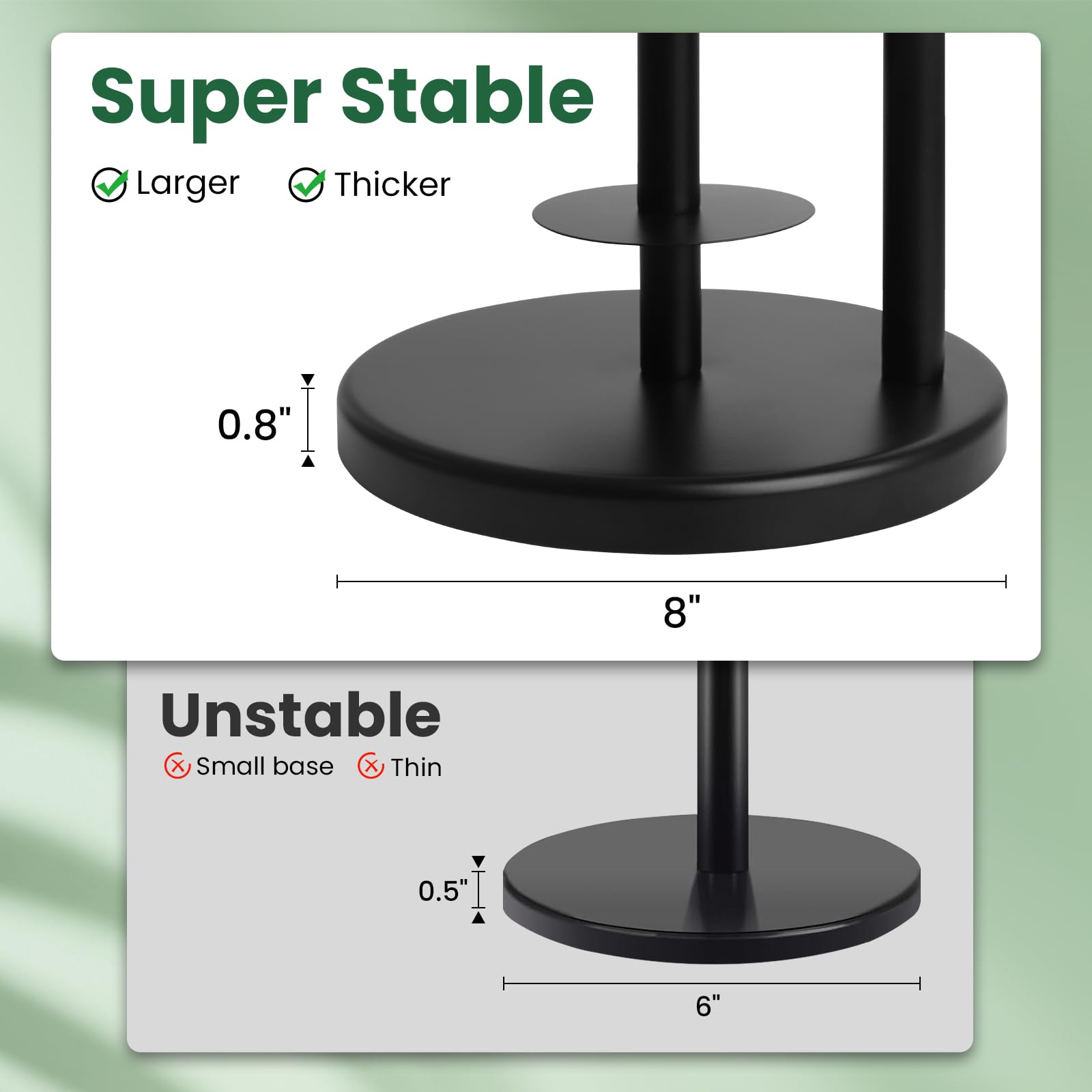 Super Stable  
Larger  
Thicker  
0.8"  
8"  

Unstable  
Small base  
Thin  
0.5"  
6"