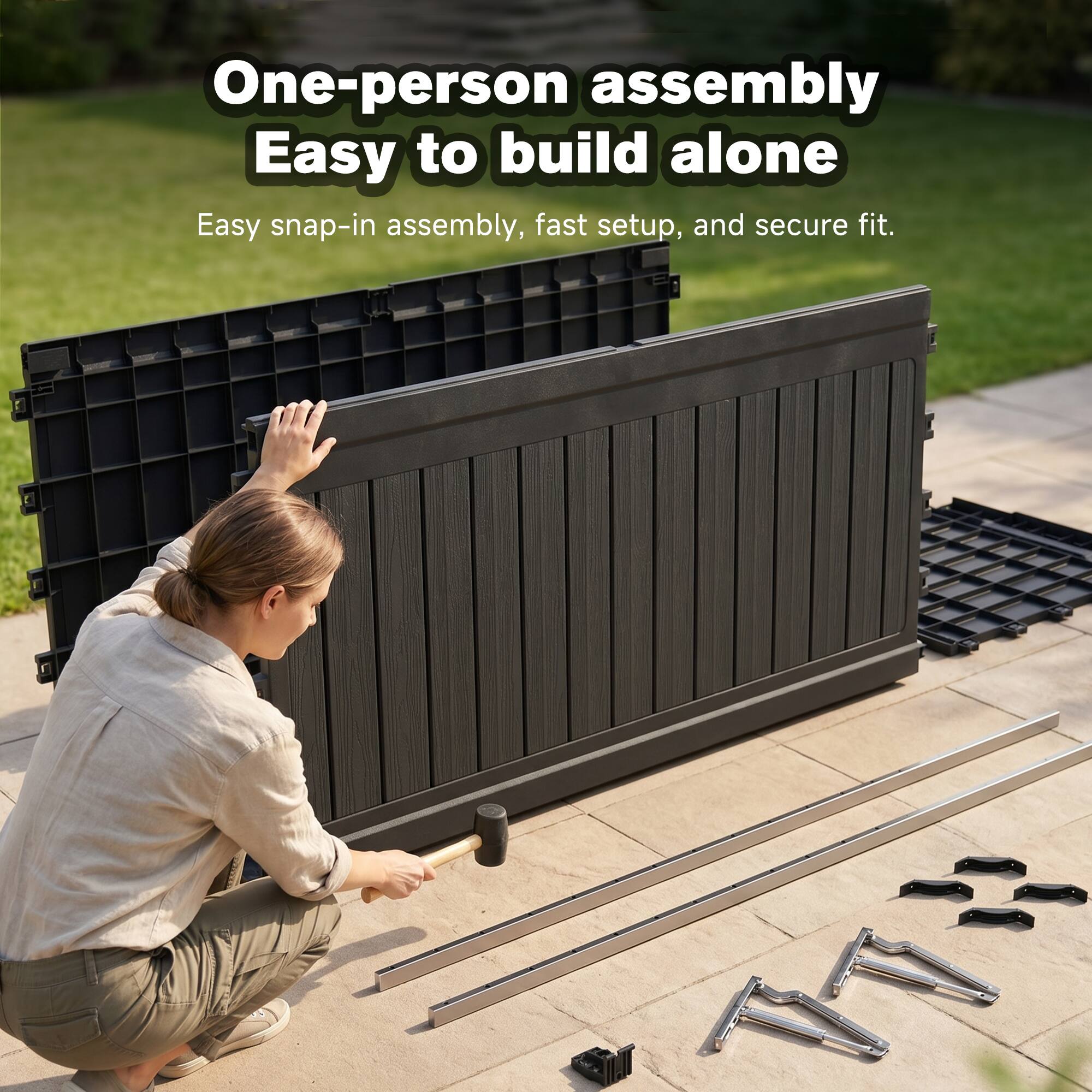 One-person assembly  
Easy to build alone  
Easy snap-in assembly, fast setup, and secure fit.