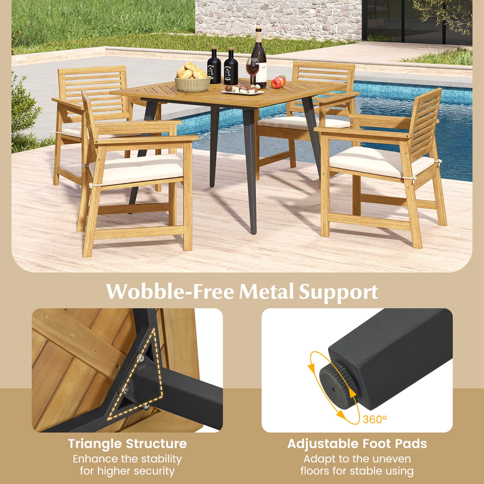 The image features a wooden dining table surrounded by chairs, with a bottle of wine and some fruit on it. The table is accompanied by a pool, making it an ideal outdoor setting for a meal. The table is advertised as having a wobble-free metal support, which enhances its stability and provides higher security. Additionally, the table has adjustable foot pads that adapt to uneven floors, ensuring a stable surface for dining. The table is described as having a triangle structure, which further contributes to its stability.