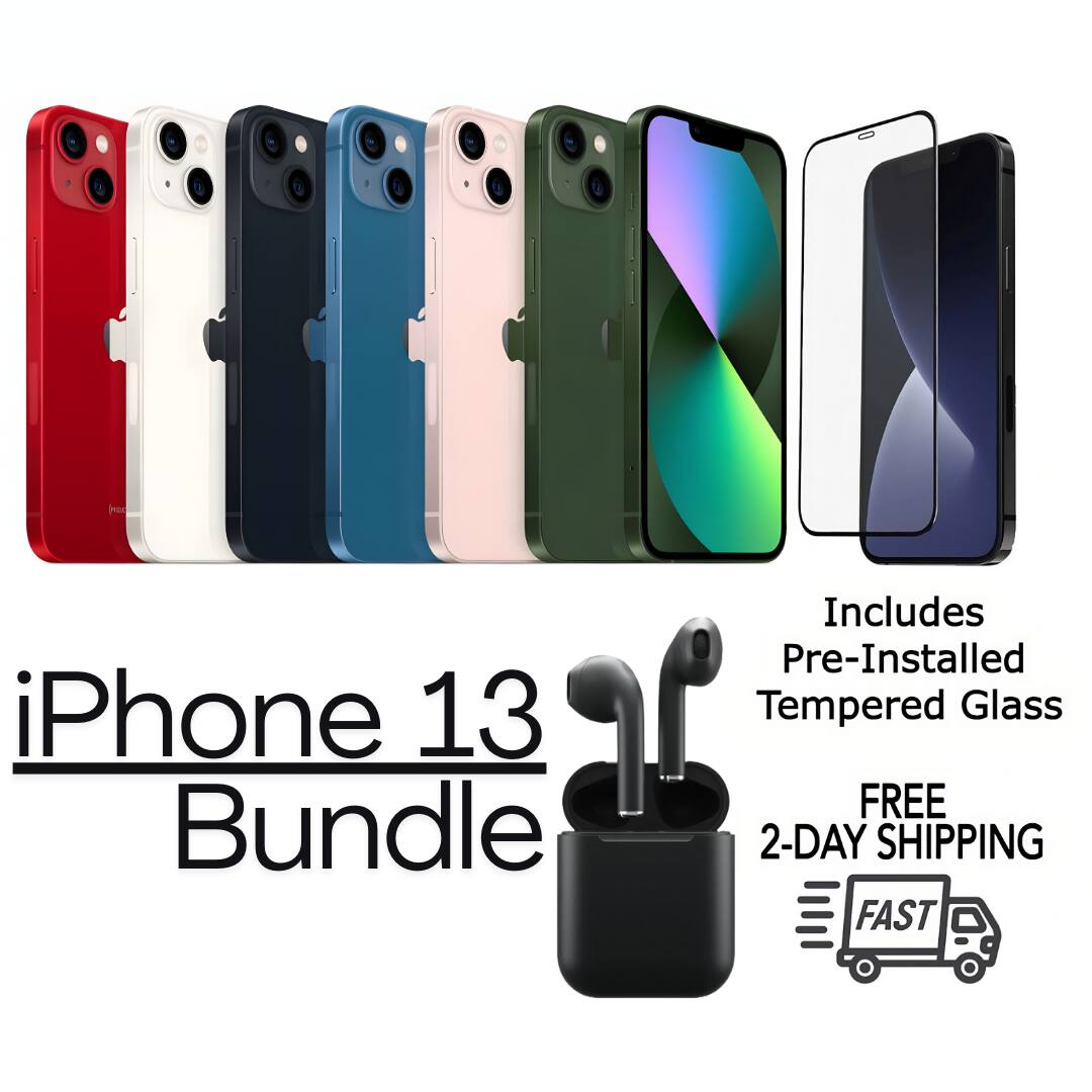 iPhone 13 Bundle  
Includes Pre-Installed Tempered Glass  
FREE 2-DAY SHIPPING  
FAST
