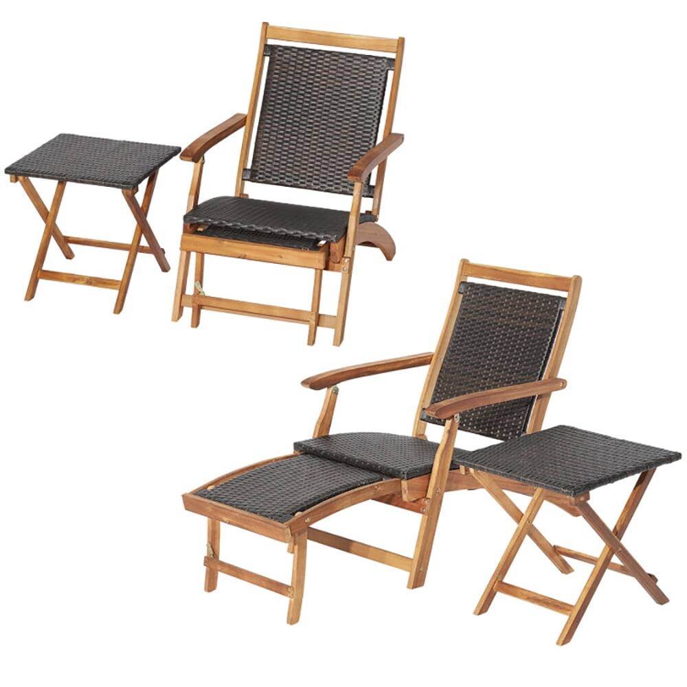 Back. Kadyn - Outdoor Chaise Lounge Chair, 2 Pcs Patio Rattan Folding Lounge Chair with Acacia Wood Table - Brown.