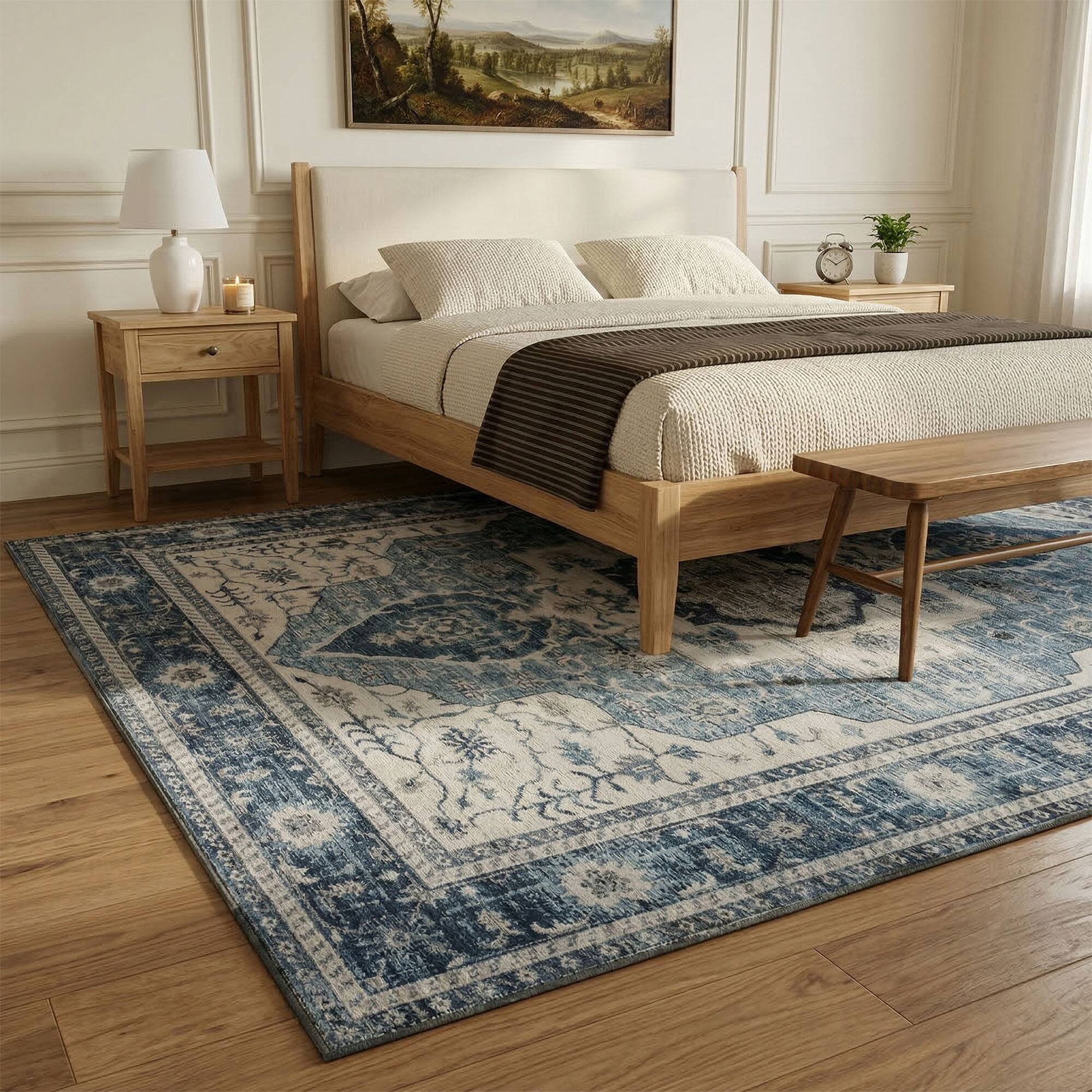 Back. RYHNUYNE - 8x10 Area Rugs Living Room Rug, Washable Vintage Medallion Rug, Soft Carpet for Dining Room Bedroom Home Office(Blue) - Blue.