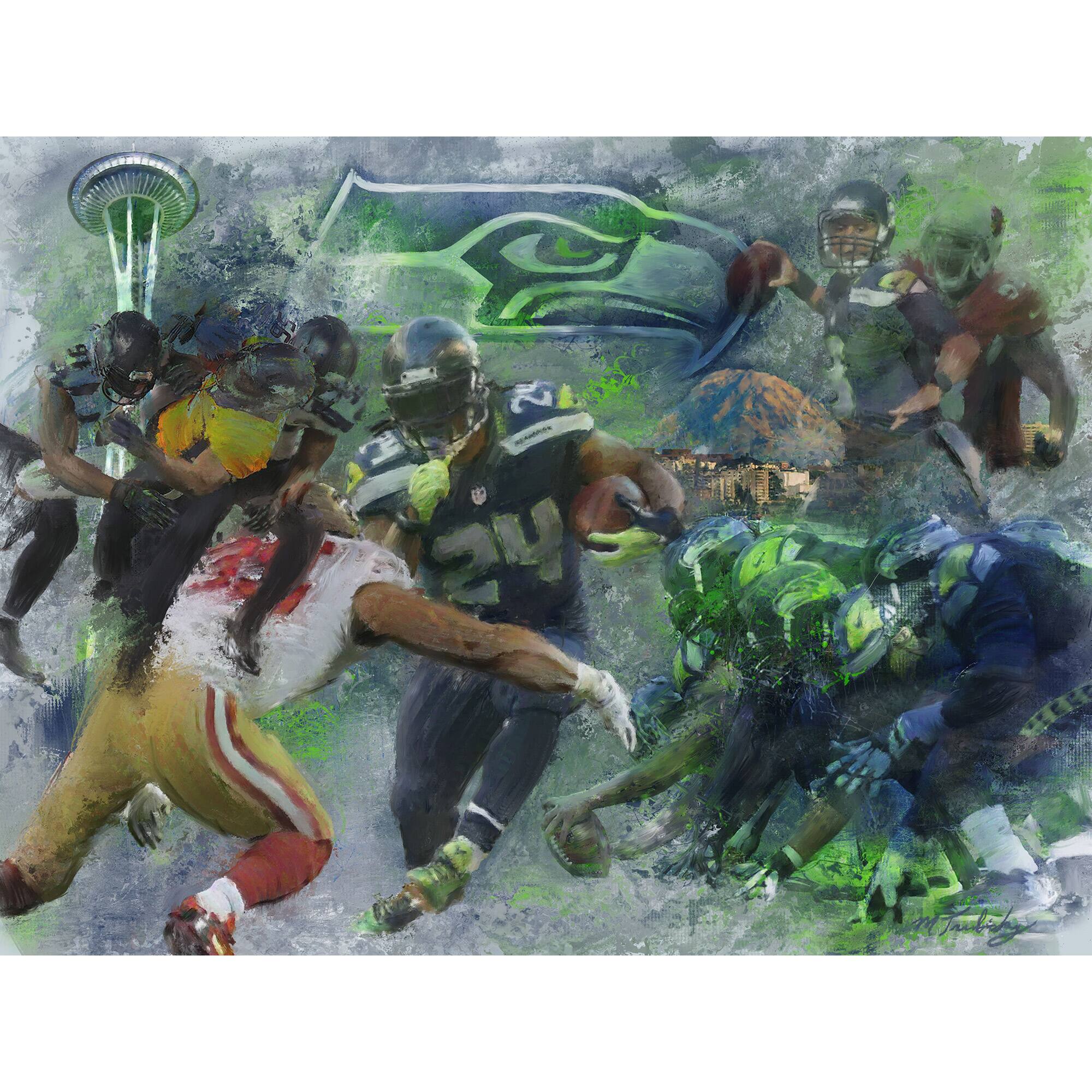 Deacon Jones Foundation - Seattle Seahawks "By Sea Land and Air" Fine Art Canvas Print 36" x 48" by Artist Mark Trubisky - Multicolor