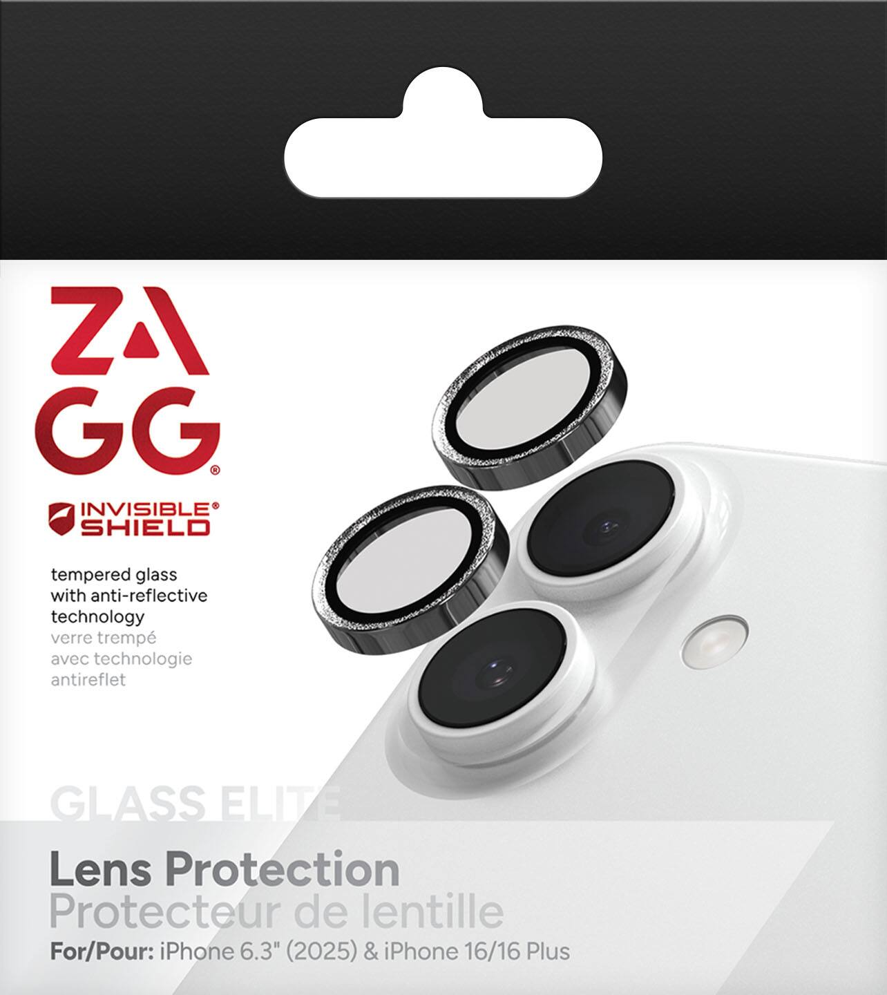 ZAGG  
INVISIBLE SHIELD  
tempered glass with anti-reflective technology  
verre trempé avec technologie antireflet  

GLASS ELITE  
Lens Protection  
Protecteur de lentille  

For/Pour: iPhone 6.3" (2025) & iPhone 16/16 Plus