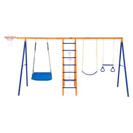VEVOR - Swing Sets for Backyard, 6 in 1 Swing Set with 2 Swings, Trapeze Bar, Climbing Ladder, Climbing Net, and Basketball Hoop - Orange