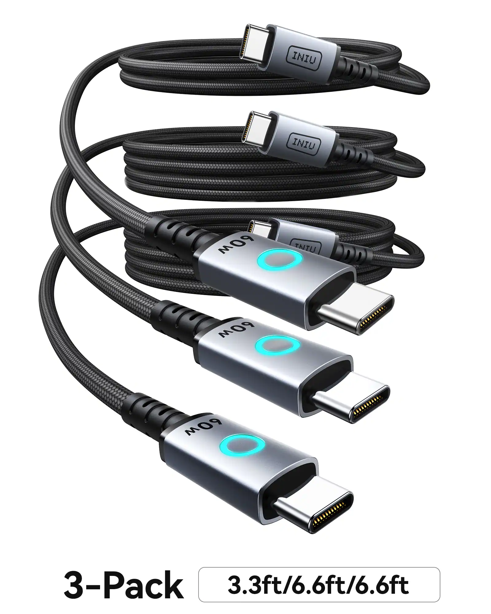 INIU - 60W USB C to USB C Cable 3-pack Fast Charging Cable for iPhone 17/16/15 Samsung Laptops Tablets etc. (3.3/6.6/6.6ft) - Black