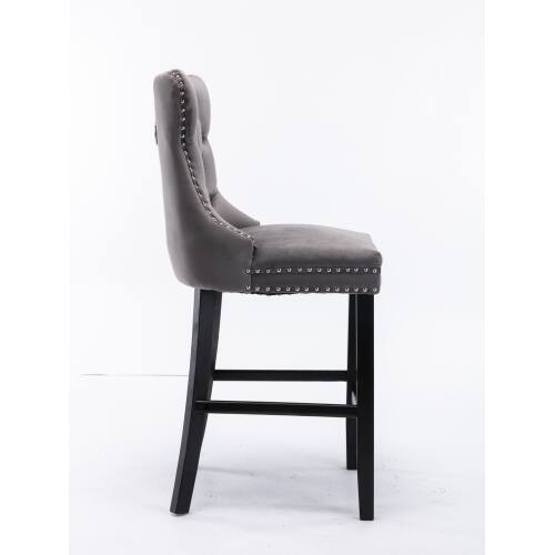 Back. LUCKY ONE - Assembled Velvet Bar Stool Set of 2 with Button Tufted Wood Legs Chrome Nailhead Trim - Gray.