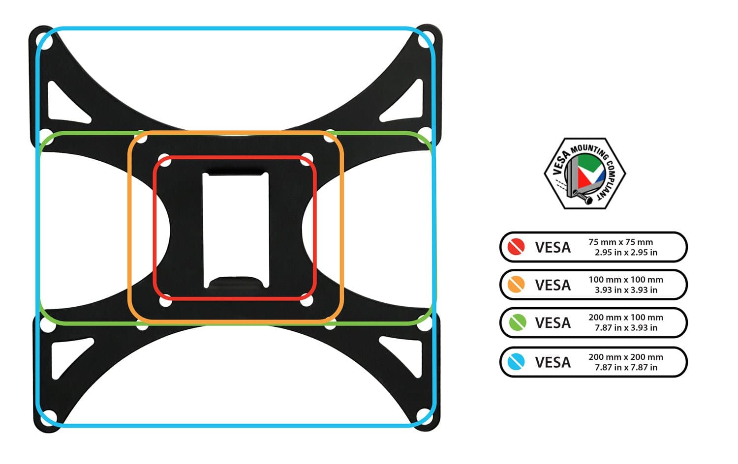 MOUNTING VESA COMPLIANT

- VESA 75 mm x 75 mm  
  2.95 in x 2.95 in

- VESA 100 mm x 100 mm  
  3.93 in x 3.93 in

- VESA 200 mm x 100 mm  
  7.87 in x 3.93 in

- VESA 200 mm x 200 mm  
  7.87 in x 7.87 in
