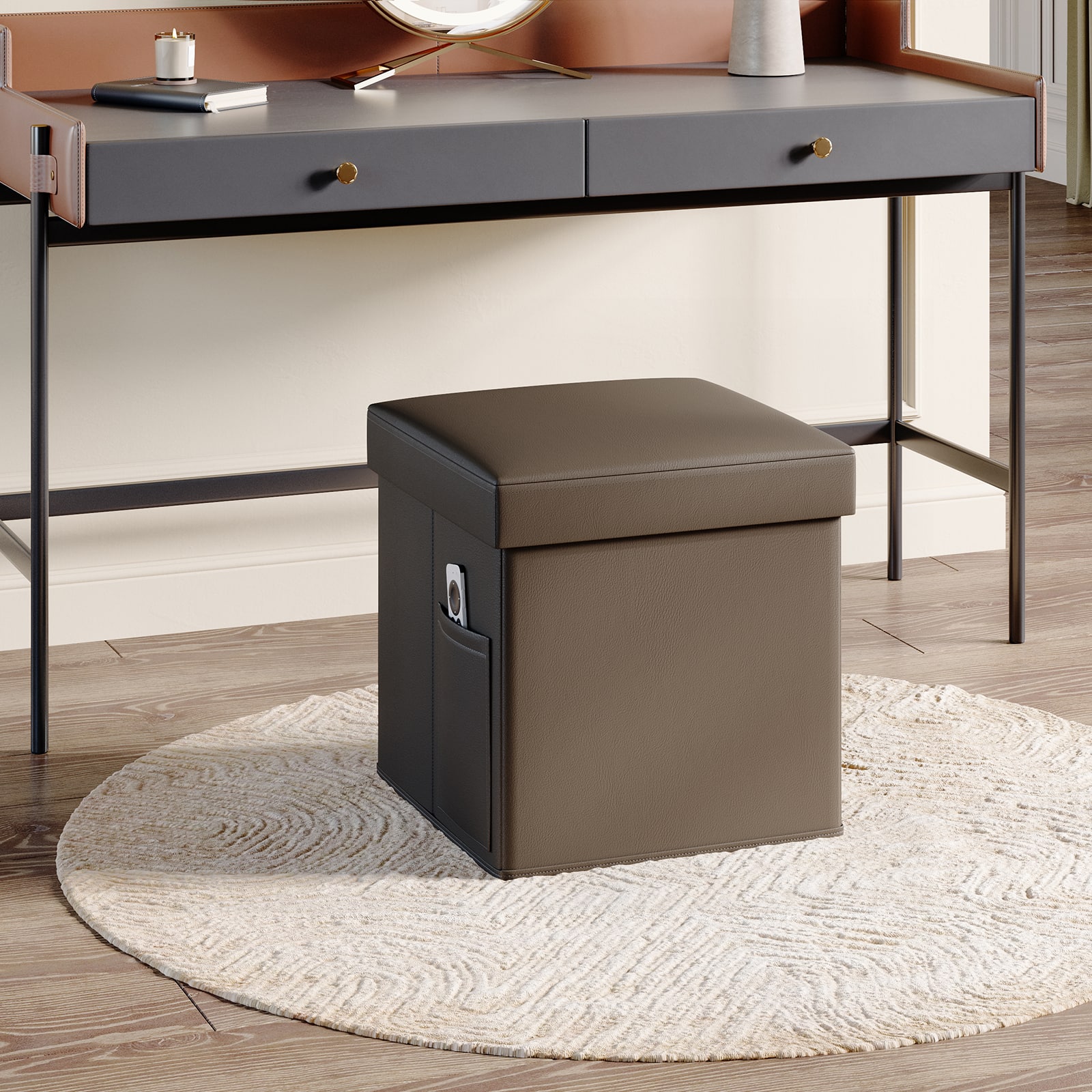 Pinmoco - Leather Storage Ottoman Foldable Entryway Bench with Cozy Blanket and Side Pocket - Dark Brown