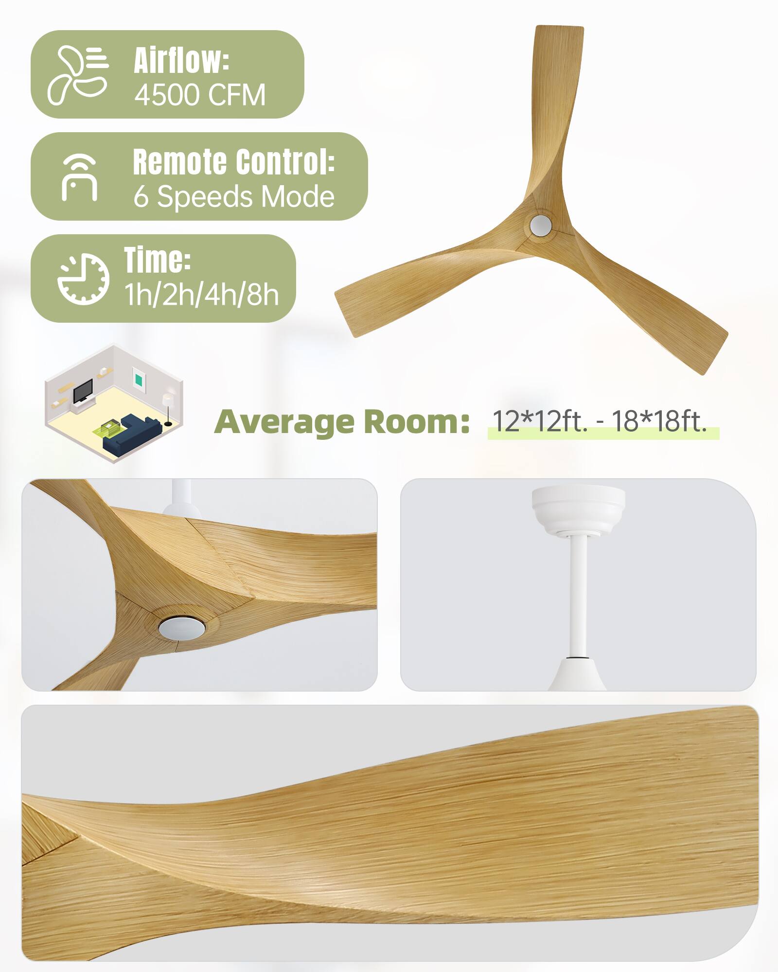 Airflow: 4500 CFM  
Remote Control: 6 Speeds Mode  
Time: 1h/2h/4h/8h  
Average Room: 12*12ft. - 18*18ft.