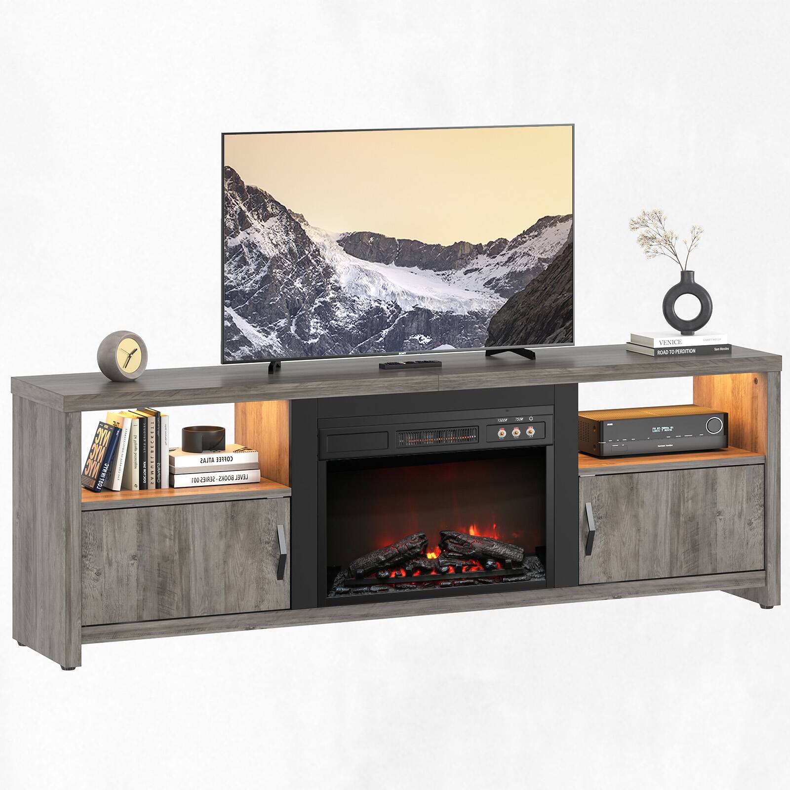 Bestier - 71-inch Fireplace TV Stand with RGB Lights Entertainment Centers, Open Shelves & Cable Management - Grew