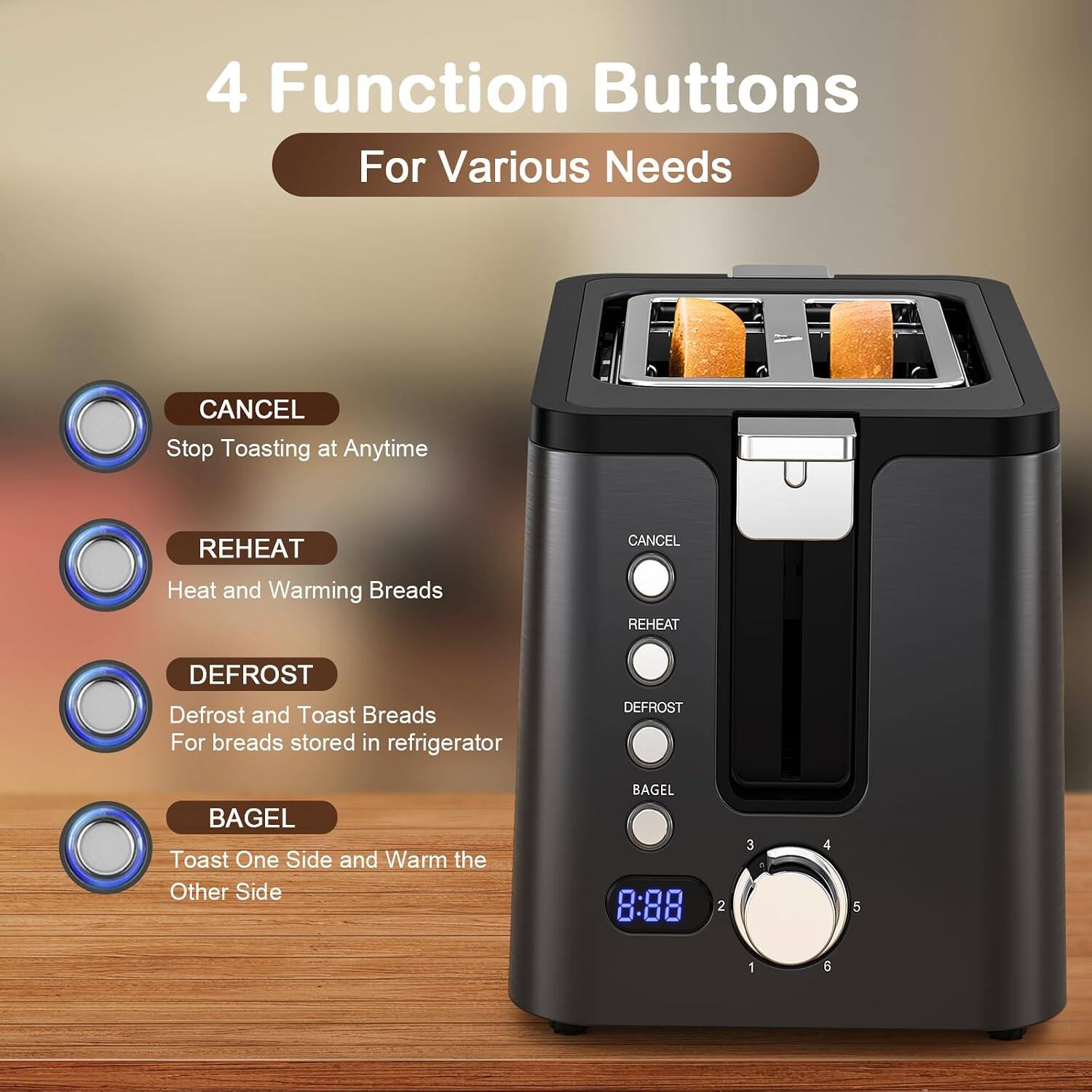 4 Function Buttons For Various Needs
CANCEL Stop Toasting at Anytime
REHEAT
Heat and Warming Breads
DEFROST Defrost and Toast Breads For breads stored in refrigerator
BAGEL Toast One Side and Warm the Other Side