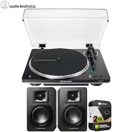 Audio-Technica - AT-LP70XBT Automatic Wireless Belt-Drive Turntable Silver + Speakers Bundle