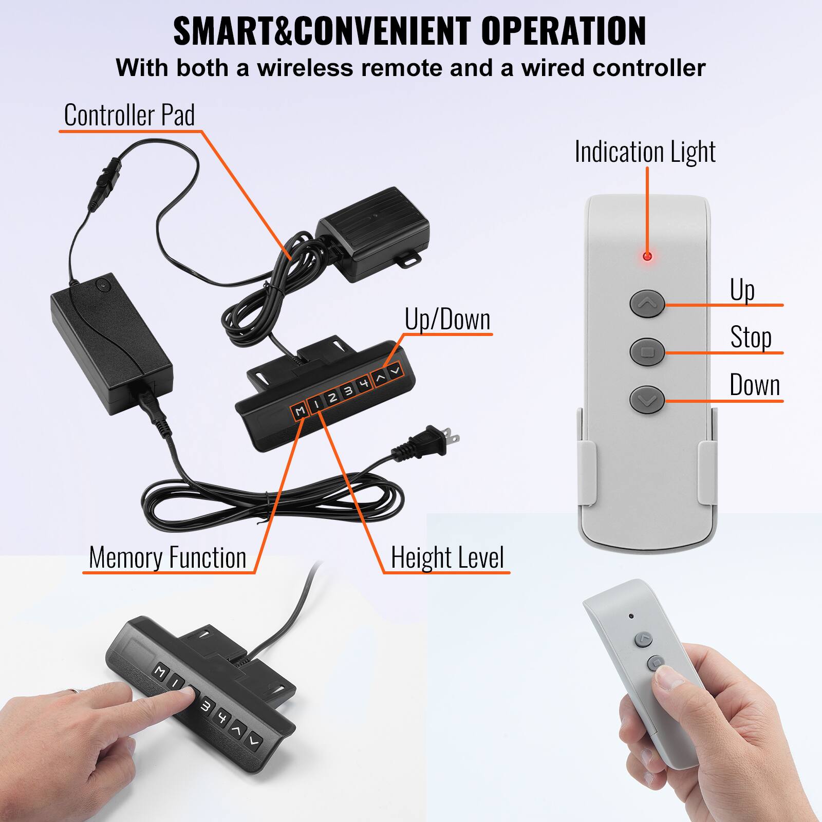 SMART & CONVENIENT OPERATION  
With both a wireless remote and a wired controller  

Controller Pad  
Up/Down  
Memory Function  
Height Level  

Indication Light  
Up  
Stop  
Down
