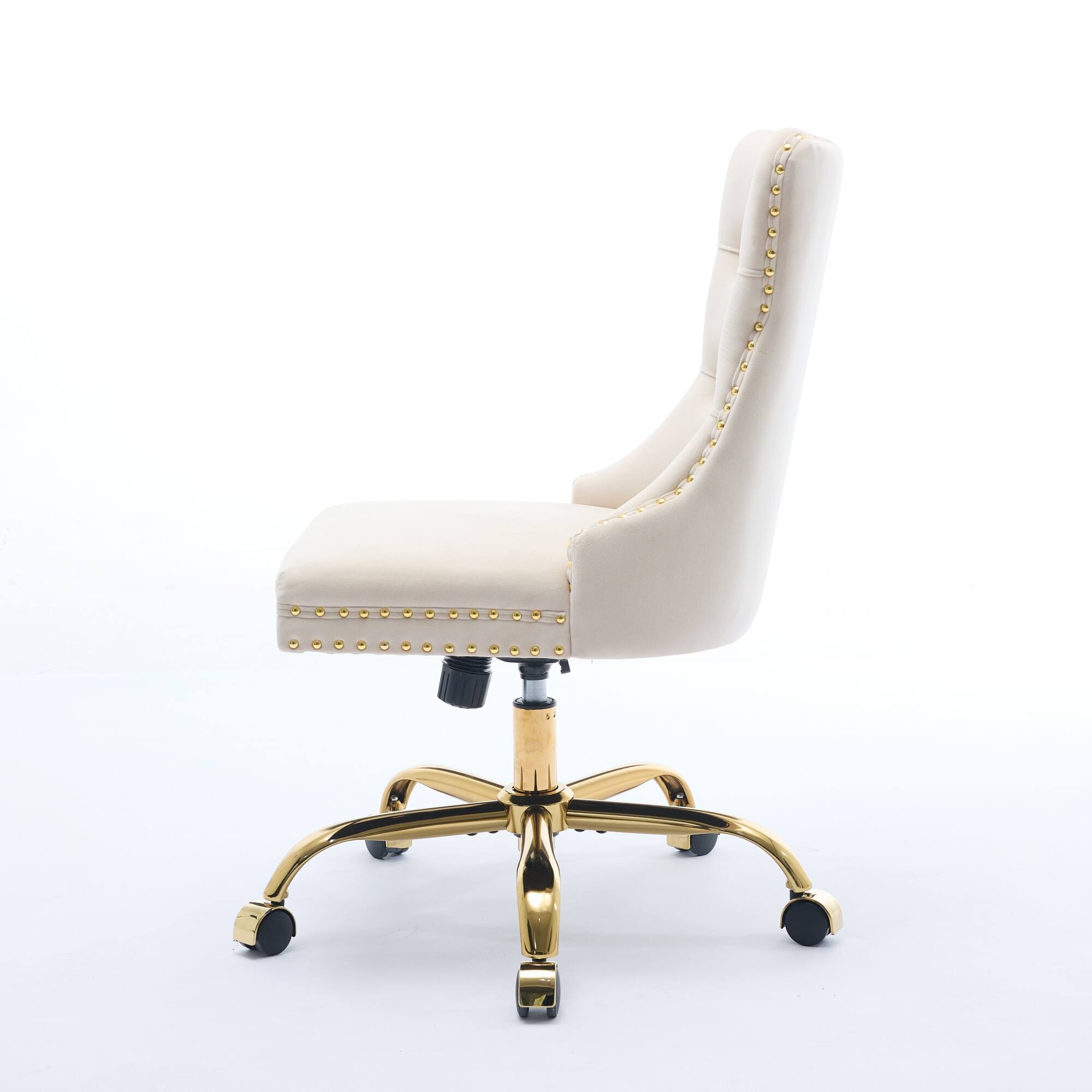 Left. PexFix - Modern Office Chair, Tufted Velvet Upholstery, Adjustable Height & Swivel with Chrome Base, for Home Office - Beige.