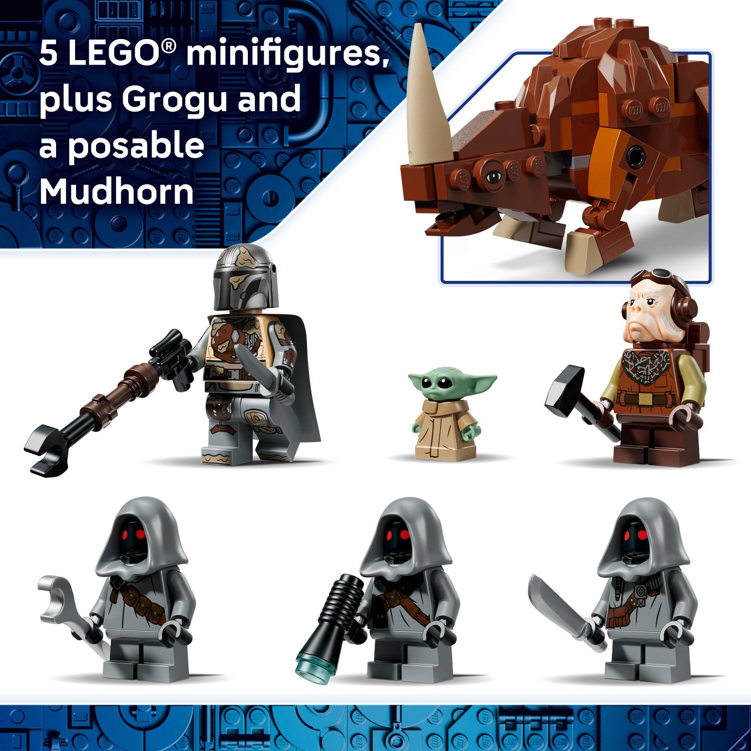 5 LEGO® minifigures, plus Grogu and a posable Mudhorn