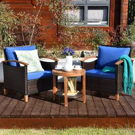 Costway - 3PCS Patio Rattan Furniture Set Solid Wood Frame Cushion Sofa Round Table Shelf - Blue
