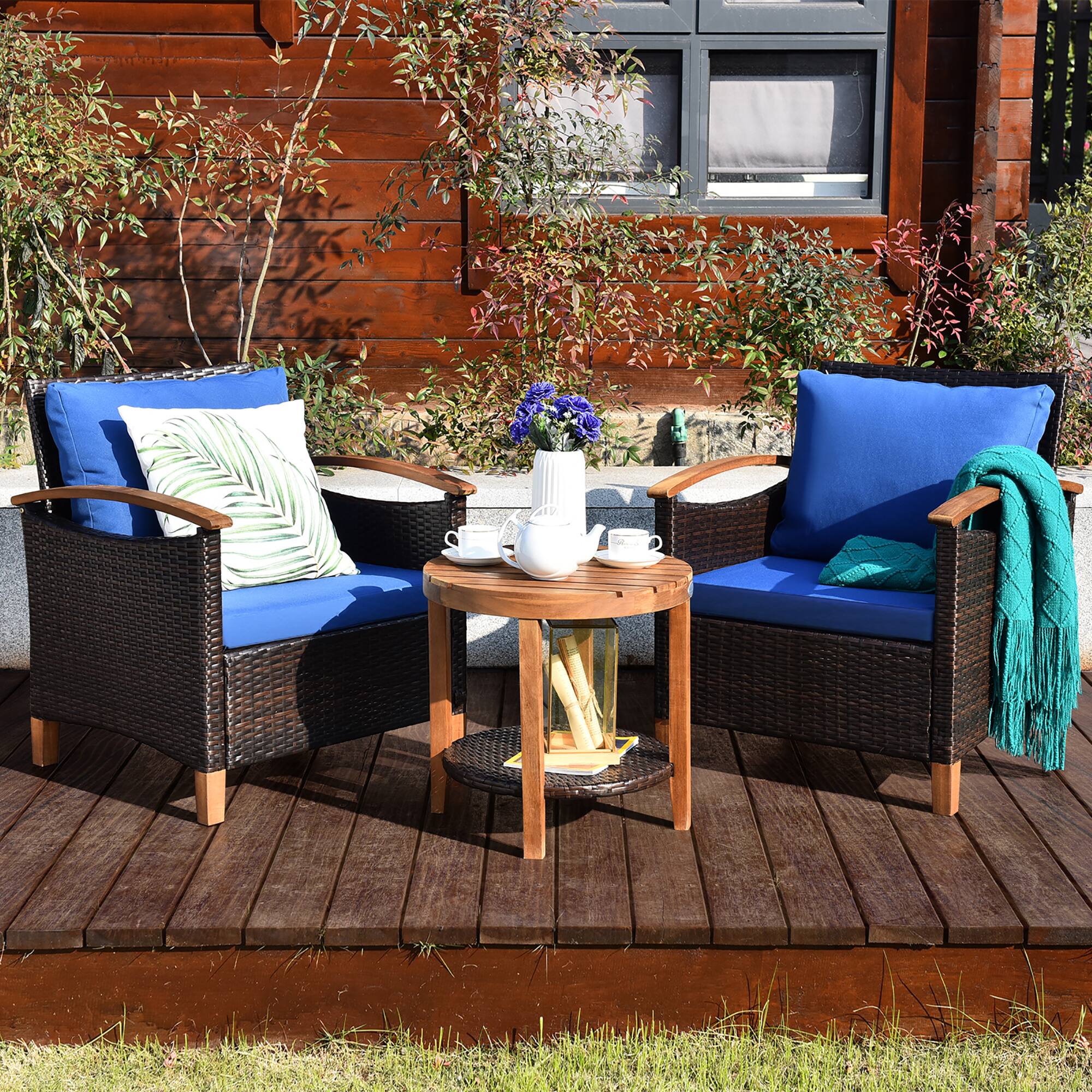 Alt View 1. Costway - Costway 3PCS Patio Rattan Furniture Set Solid Wood Frame Cushion Sofa Round Table Shelf - Blue.