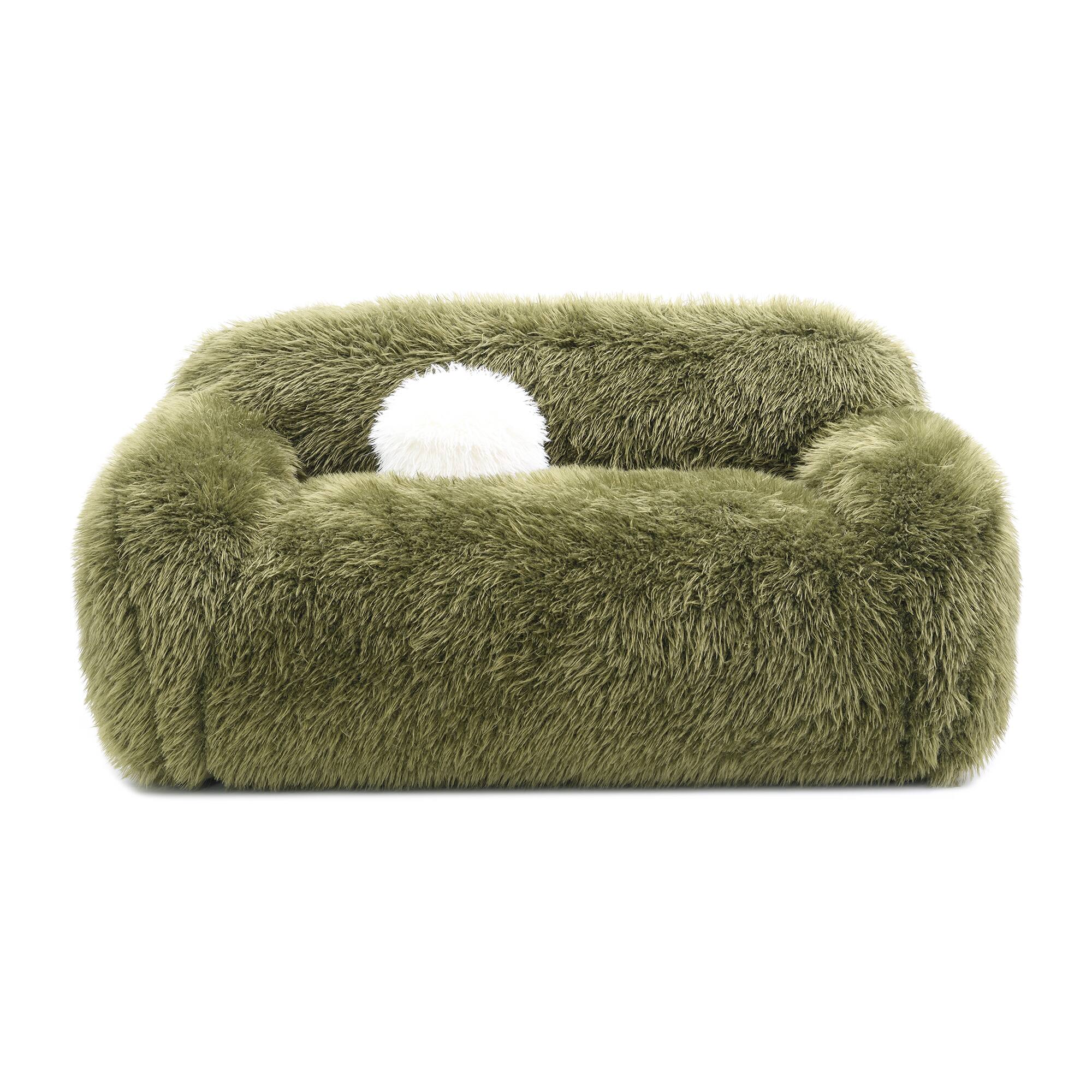 Back. Vaczon - Faux Fur Loveseat Sofa Cozy Shaggy Plush Chair for Home Apartment or Lounge Area with Accent Pillows - Olive Green.