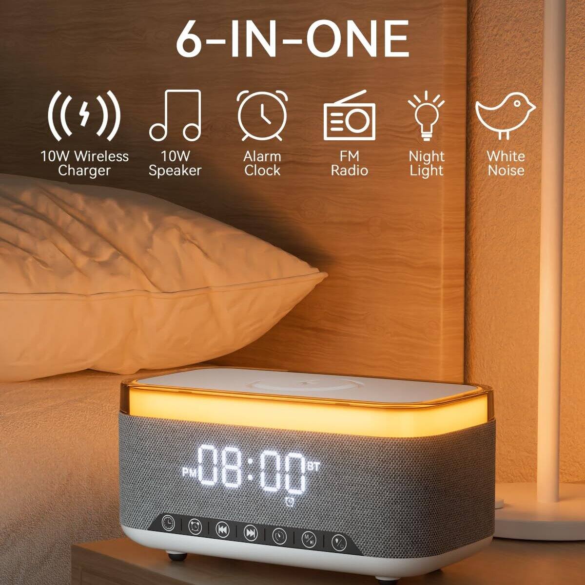 6-IN-ONE  
10W Wireless Charger  
10W Speaker  
Alarm Clock  
FM Radio  
Night Light  
White Noise
