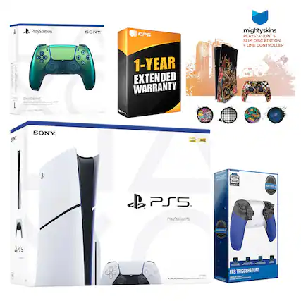 - PlayStation DualSense
- Sony
- 1-Year Extended Warranty
- MightySkins PlayStation 5 Slim Disc Edition + One Controller
- PlayStation 5
- FPS TriggerstopZ