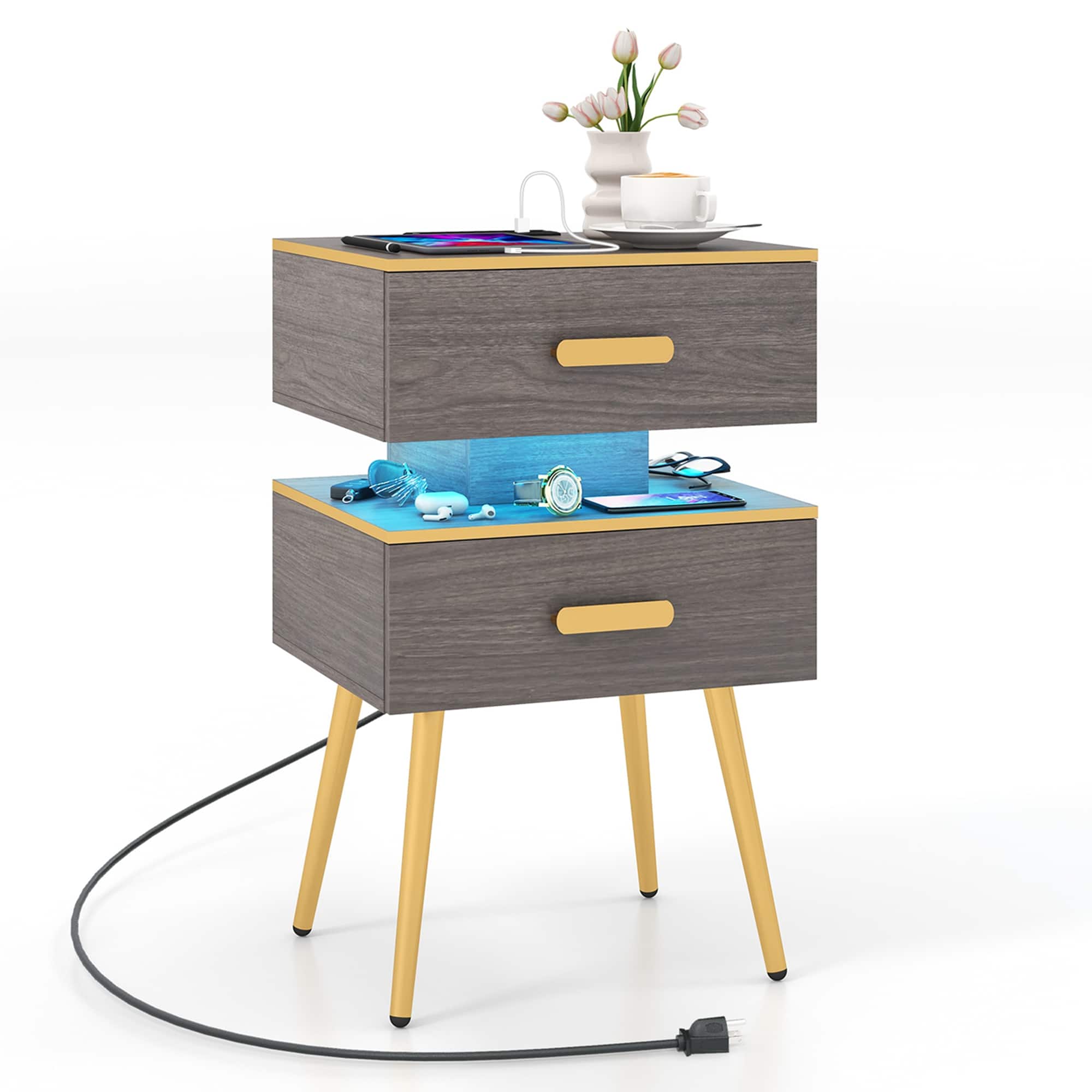 Front. Costway - 1 PCS Nightstand with Charging Station Bedside Sofa Side Tables with 2 Drawers - Grey + Gold.