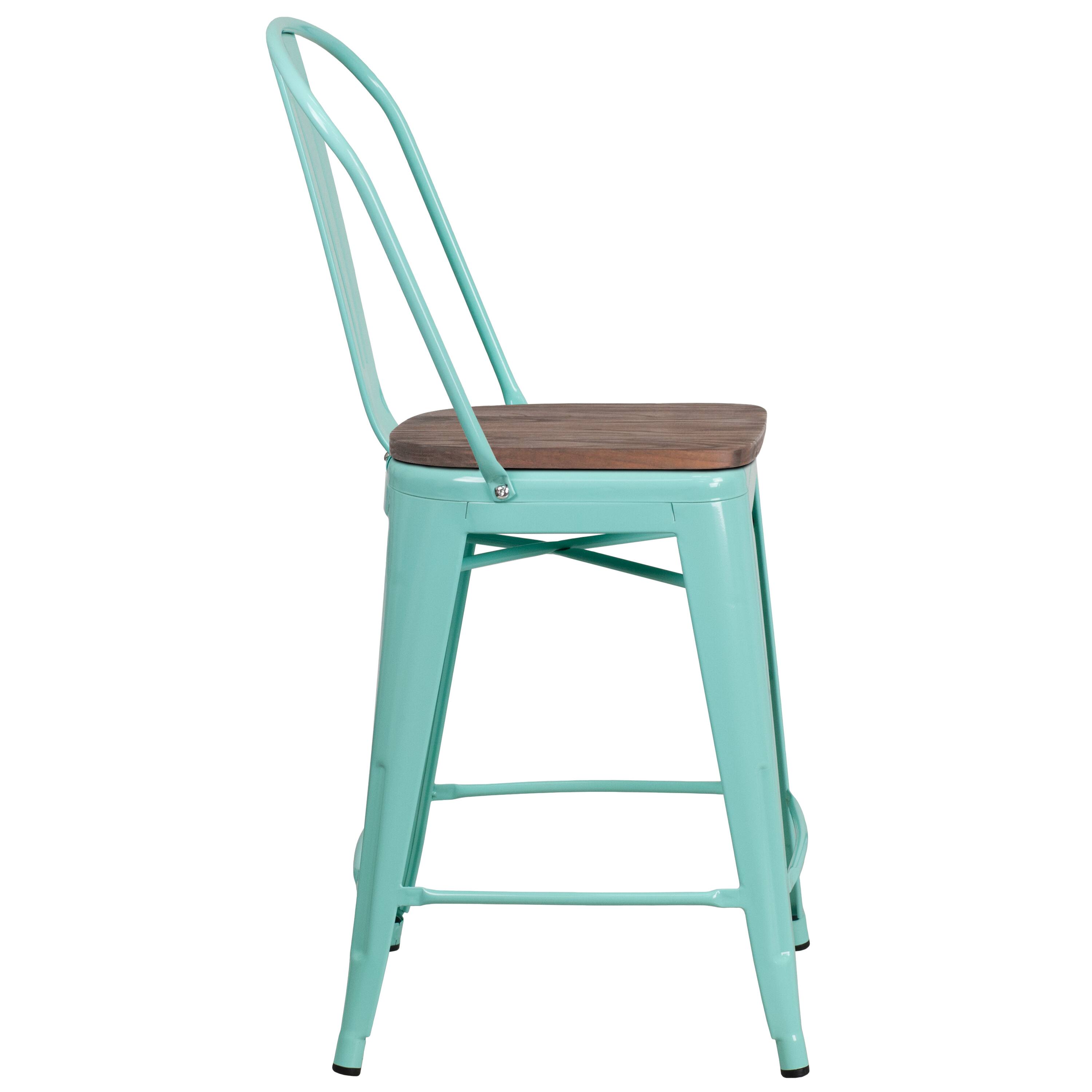Alt View 4. Emma + Oliver - 24"H Metal Counter Height Stool with Back and Wood Seat - Mint Green.