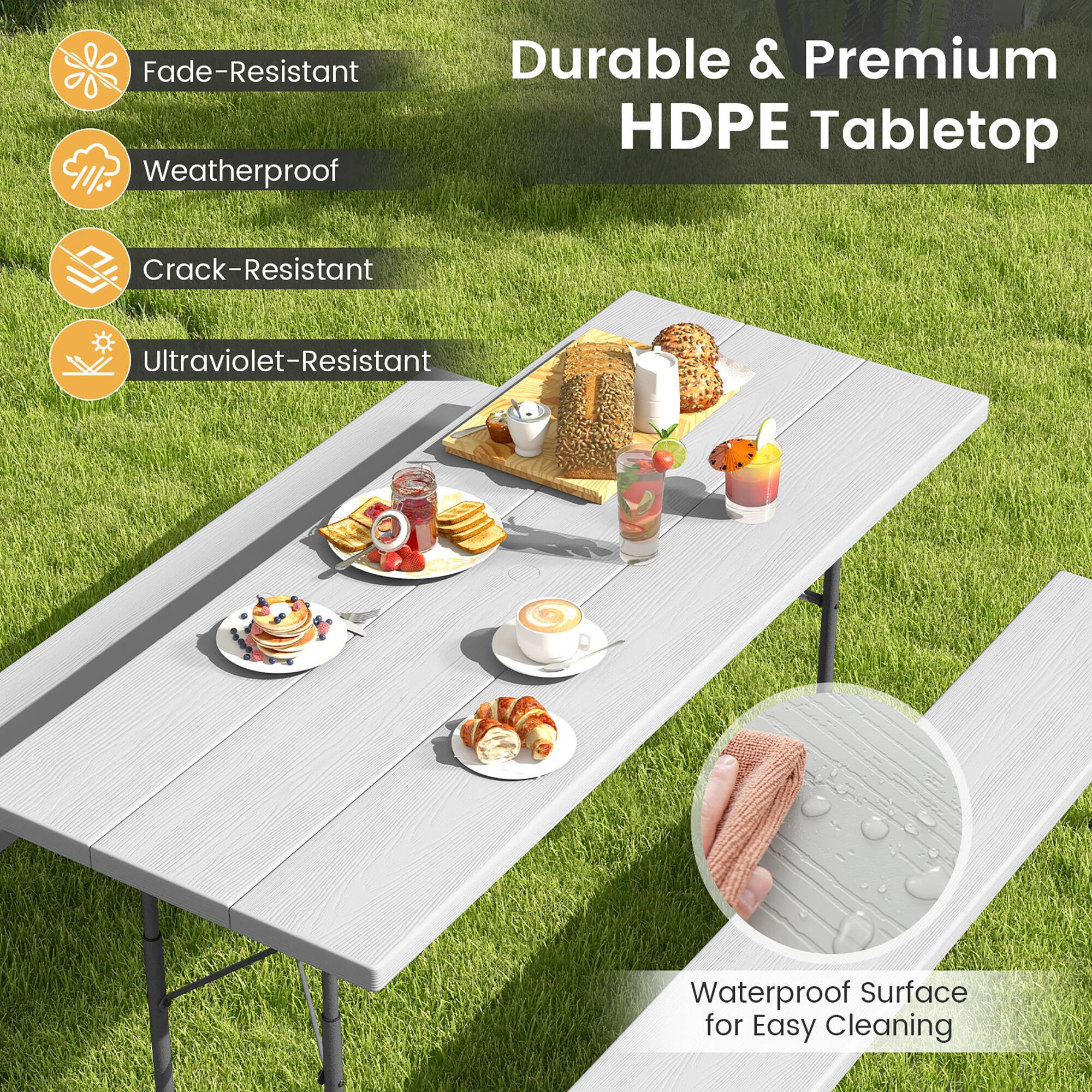 Fade-Resistant  
Weatherproof  
Crack-Resistant  
Ultraviolet-Resistant  

Durable & Premium HDPE Tabletop  

Waterproof Surface for Easy Cleaning