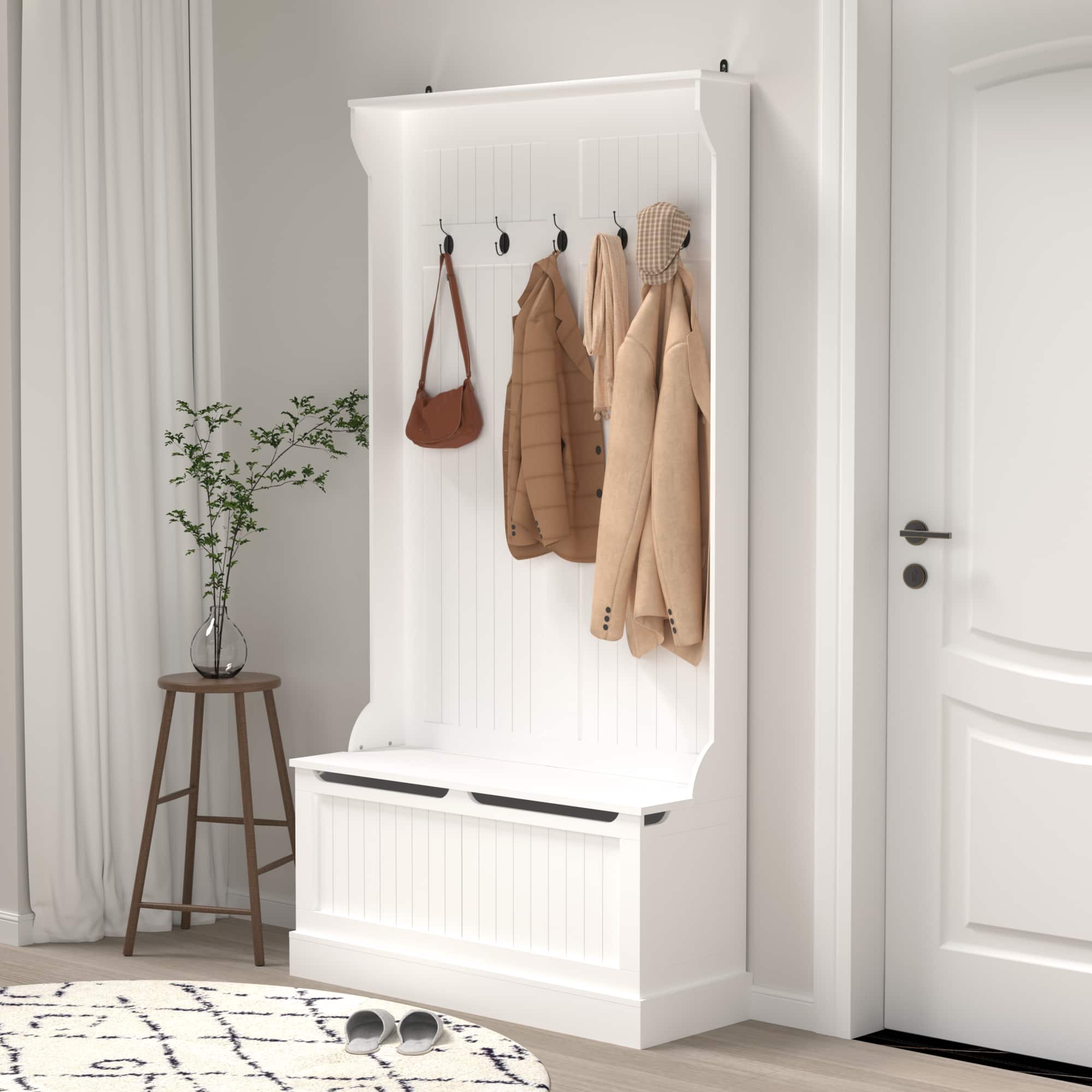GOODSILO - Entryway Storage Bench with Coat Rack and Shoe Organizer for Hallway Organization and Seating - White