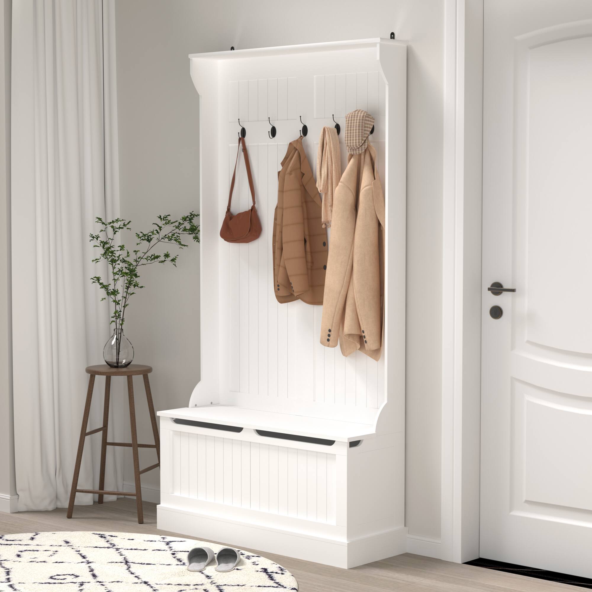 Front. GOODSILO - White Entryway Storage Bench with Coat Rack and Shoe Organizer for Hallway Organization and Seating - White.