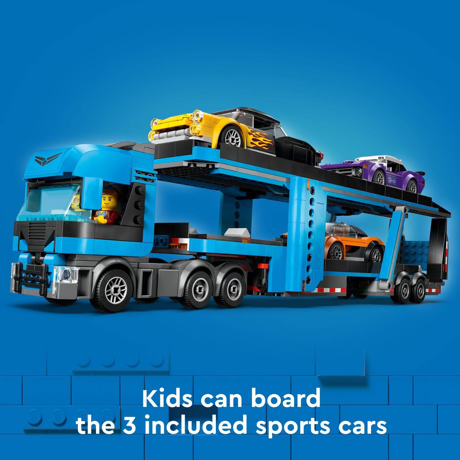 Kids can board the 3 included sports cars.